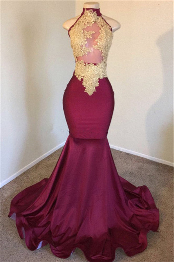 Burgundy High Neck Mermaid Prom Dress With Lace Appliques - Fashionpara