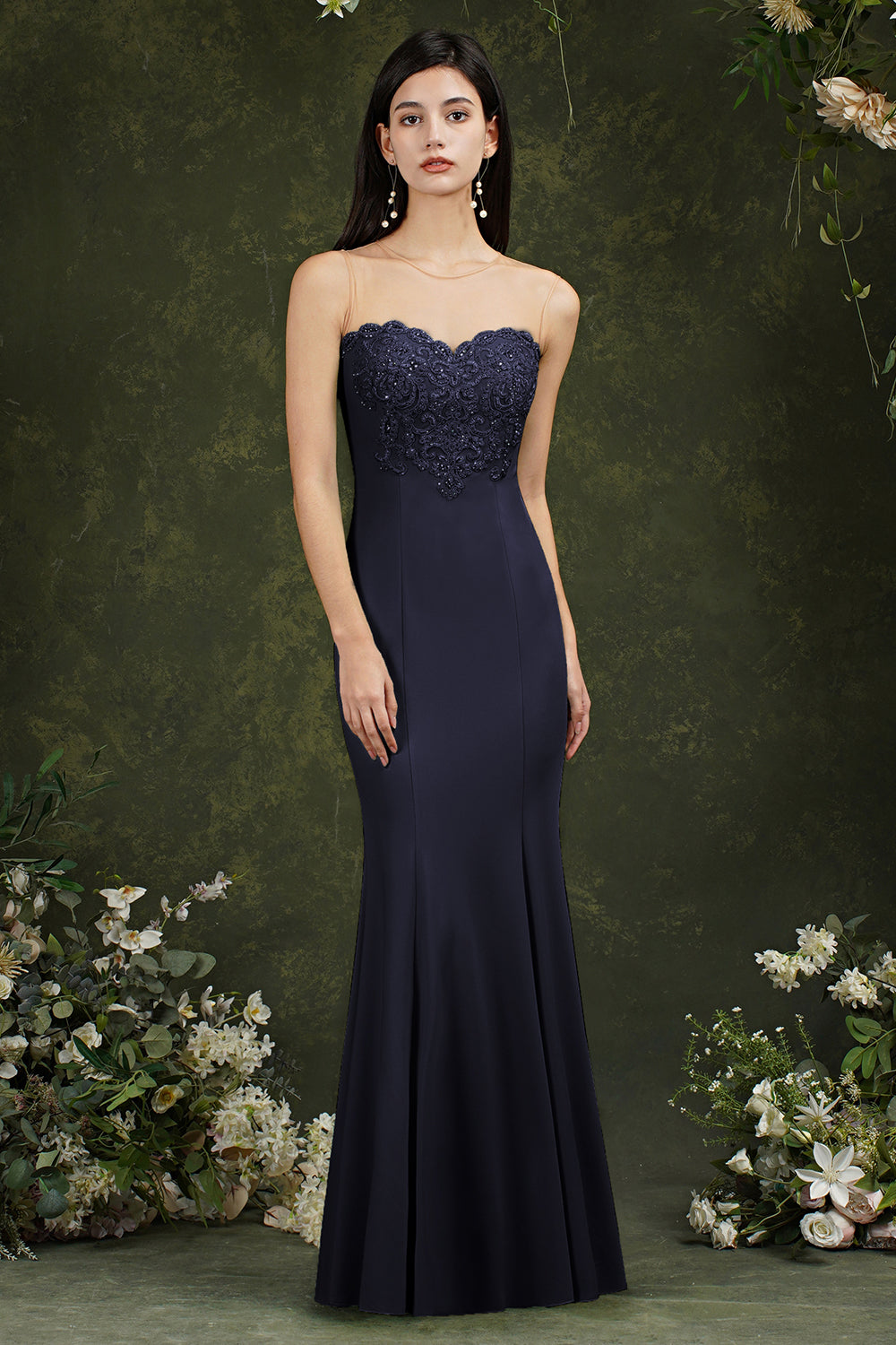 Burgundy Illussion Neck Mermaid Prom Dress Long With Appliques - Fashionpara
