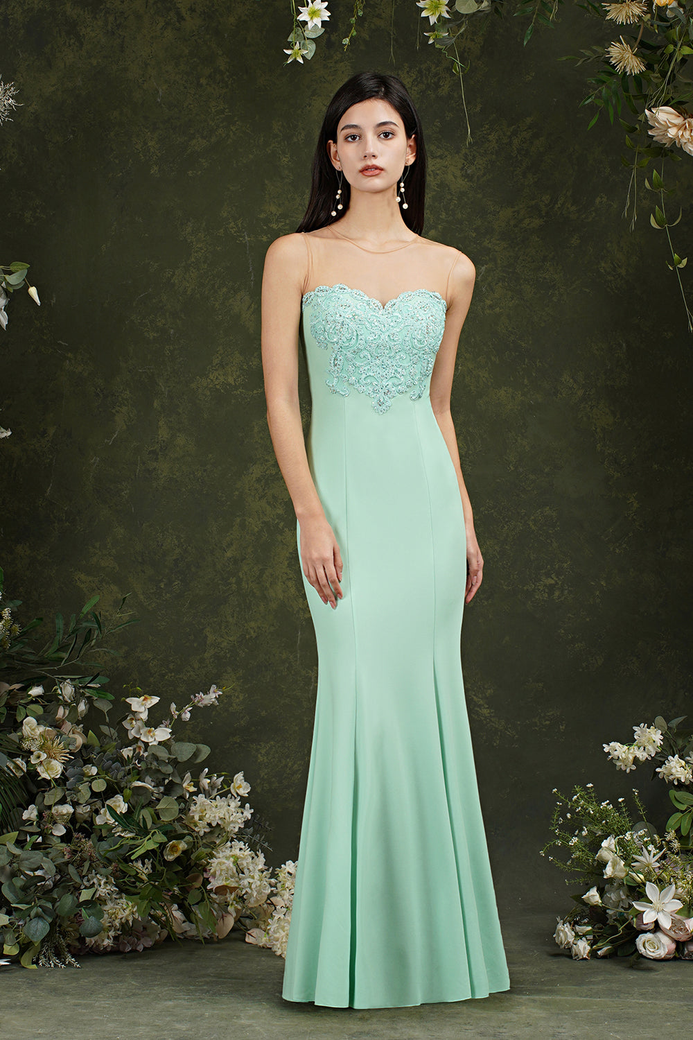Burgundy Illussion Neck Mermaid Prom Dress Long With Appliques - Fashionpara