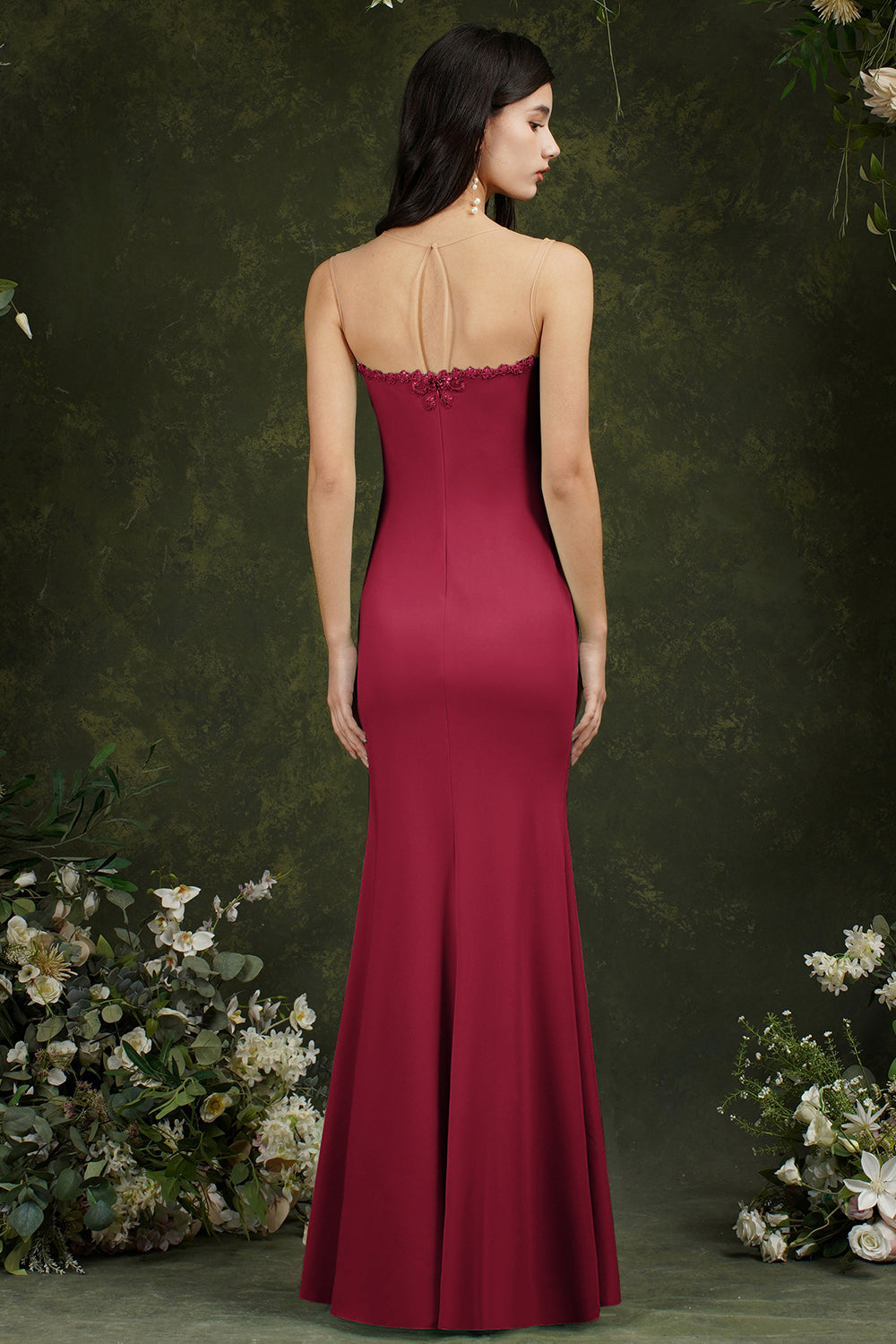 Burgundy Illussion Neck Mermaid Prom Dress Long With Appliques - Fashionpara