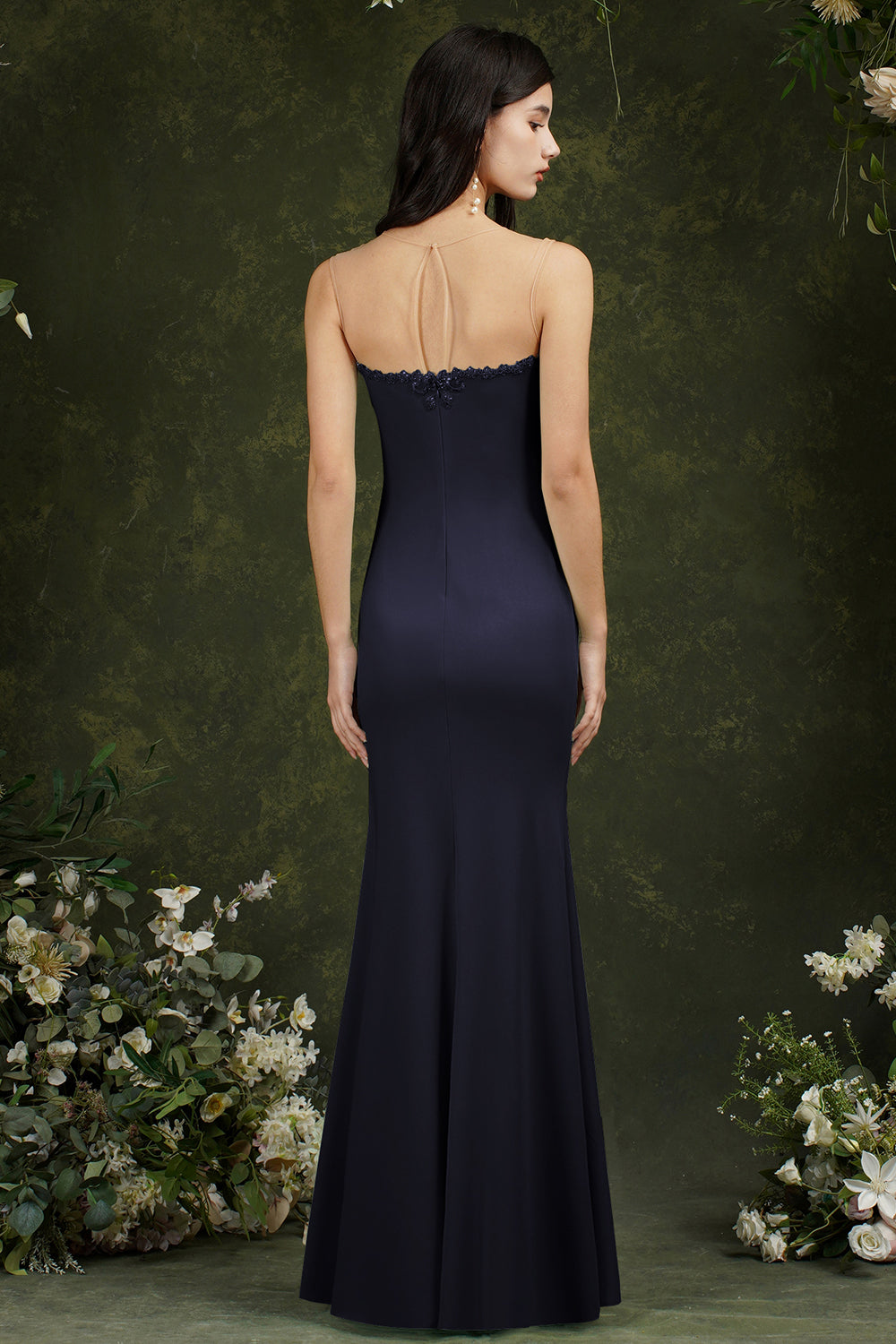 Burgundy Illussion Neck Mermaid Prom Dress Long With Appliques - Fashionpara