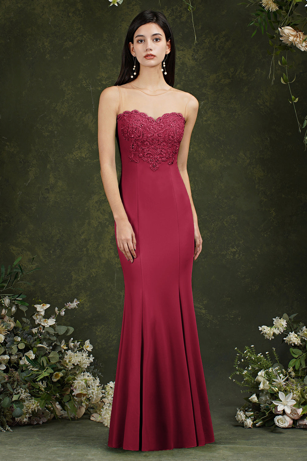 Burgundy Illussion Neck Mermaid Prom Dress Long With Appliques - Fashionpara