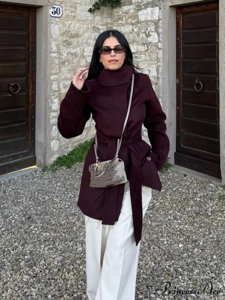 Burgundy Lace-Up Wool Coat