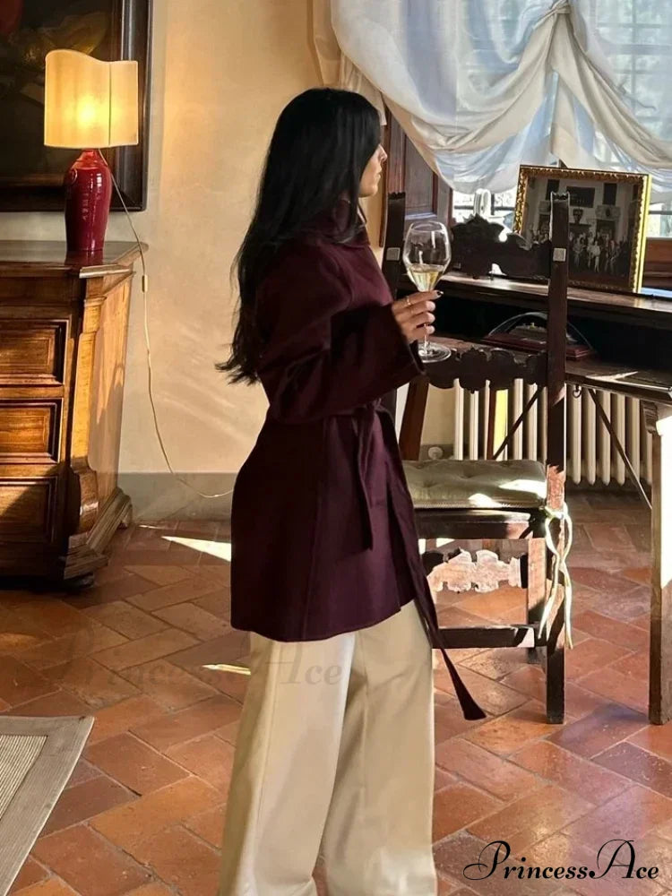 Burgundy Lace-Up Wool Coat