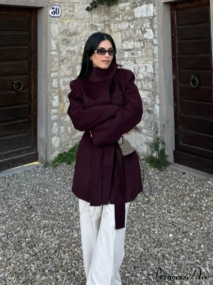 Burgundy Lace-Up Wool Coat