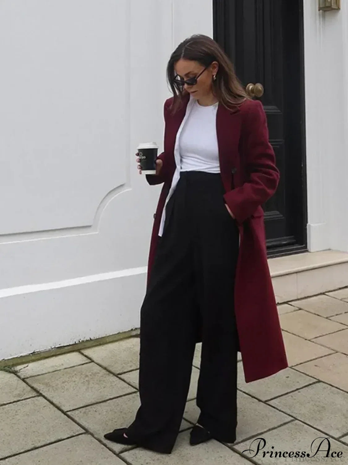 Burgundy Lapel Woolen Double-Breasted Overcoat