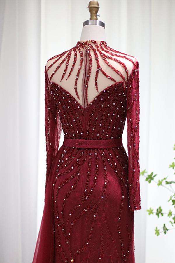 Burgundy Long Sleeves Beadings Evening Dress High Neck Mermaid Party Gowns - Fashionpara