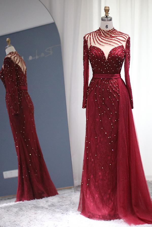 Burgundy Long Sleeves Beadings Evening Dress High Neck Mermaid Party Gowns - Fashionpara