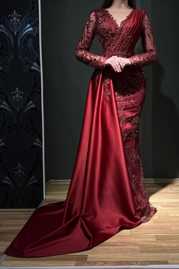 Burgundy Long Sleeves Evening Dress Mermaid Ruffle With Beads - Fashionpara