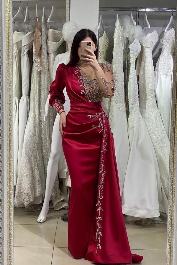 Burgundy Long Sleeves Prom Dress Mermaid Long With Beads - Fashionpara