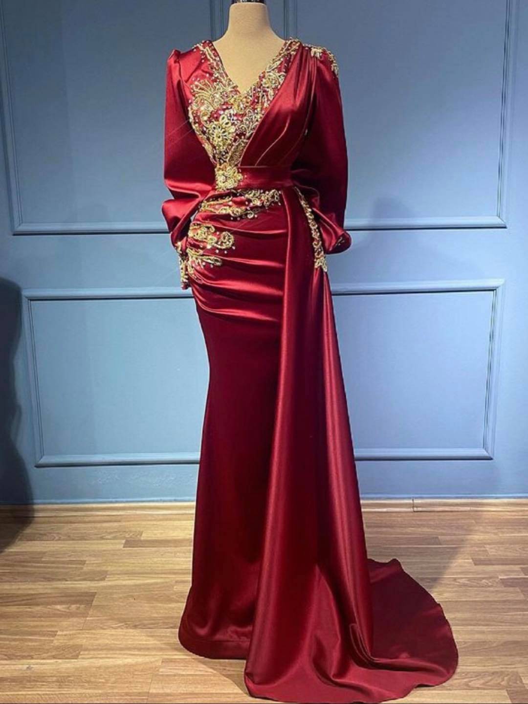 Burgundy Long Sleevs Prom Dress Mermaid With Beadings - Fashionpara