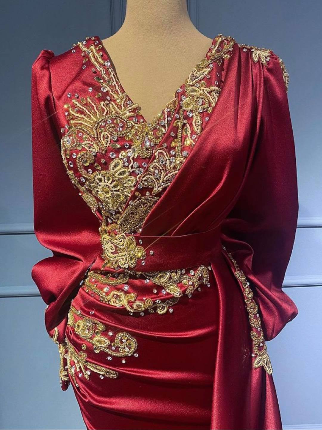 Burgundy Long Sleevs Prom Dress Mermaid With Beadings - Fashionpara