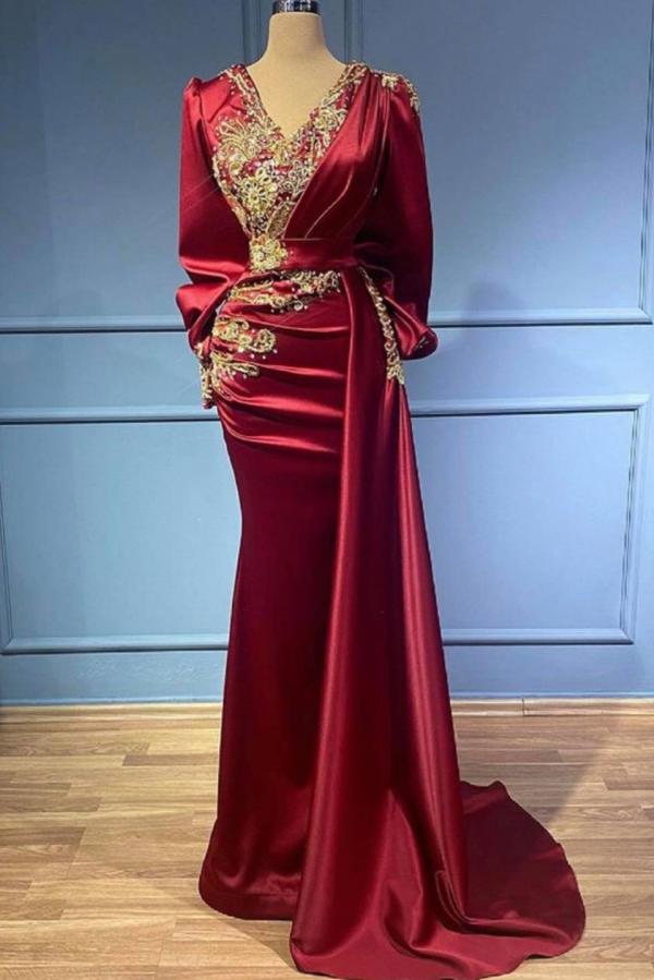 Burgundy Long Sleevs Prom Dress Mermaid With Beadings - Fashionpara