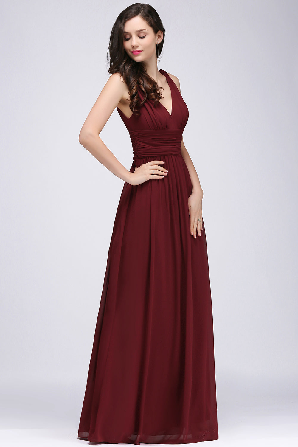 Burgundy Long V-Neck Sleeveless Chiffon Bridesmaid Dresses - Fashionpara