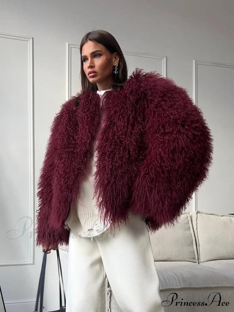 Burgundy Oversized Faux Fur Coat