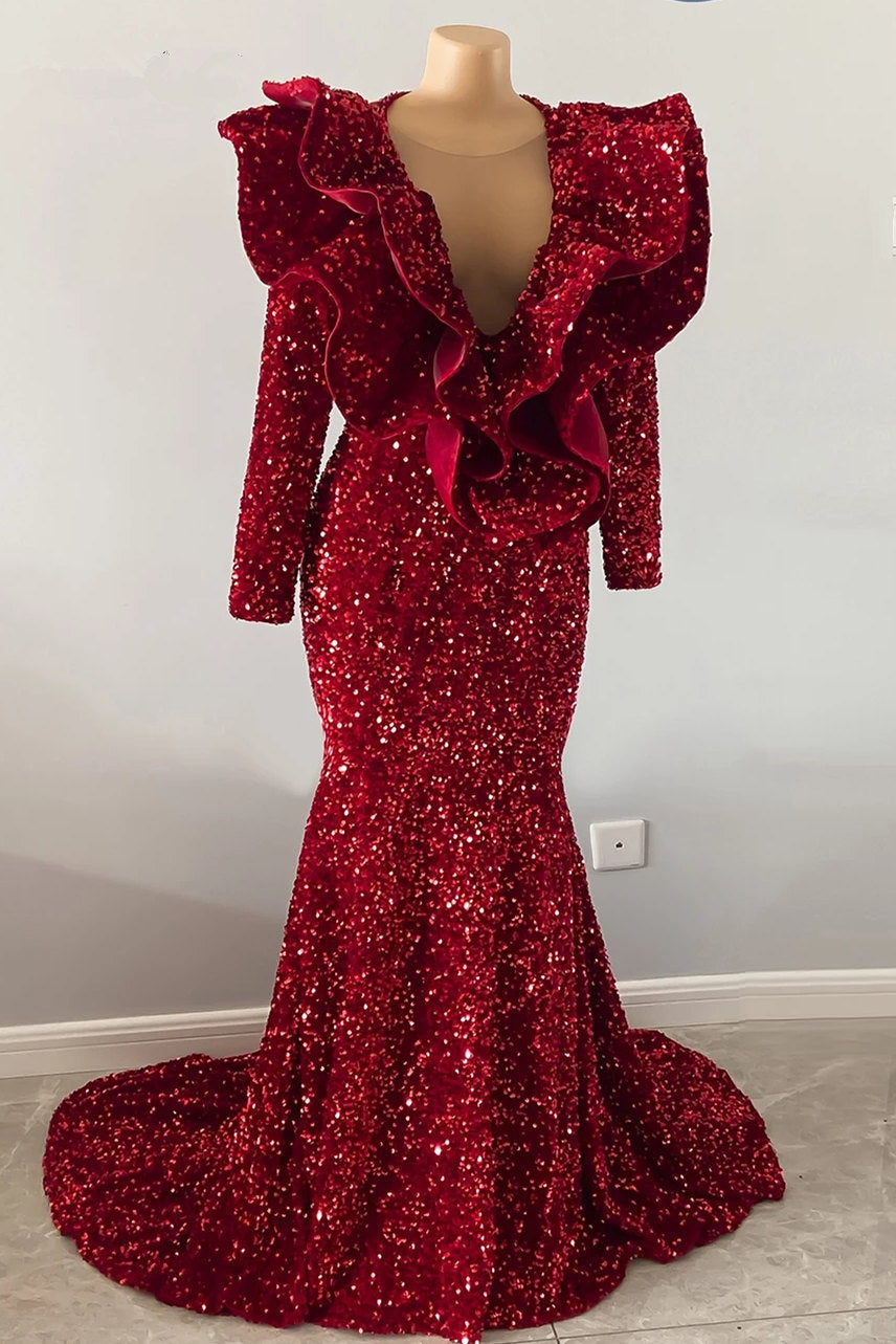 Burgundy Prom Dress Mermaid V-Neck With Ruffle - Fashionpara