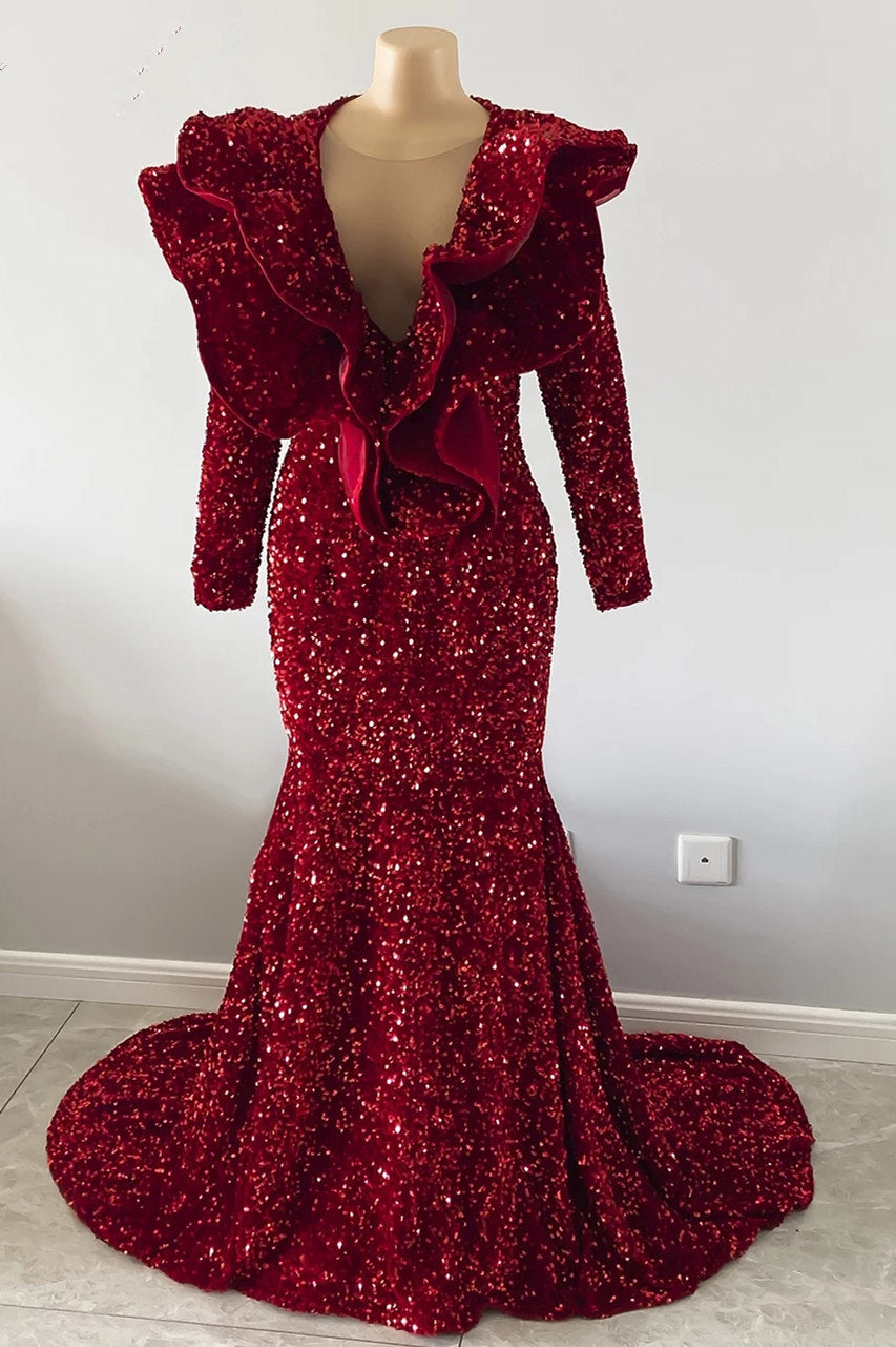Burgundy Prom Dress Mermaid V-Neck With Ruffle - Fashionpara
