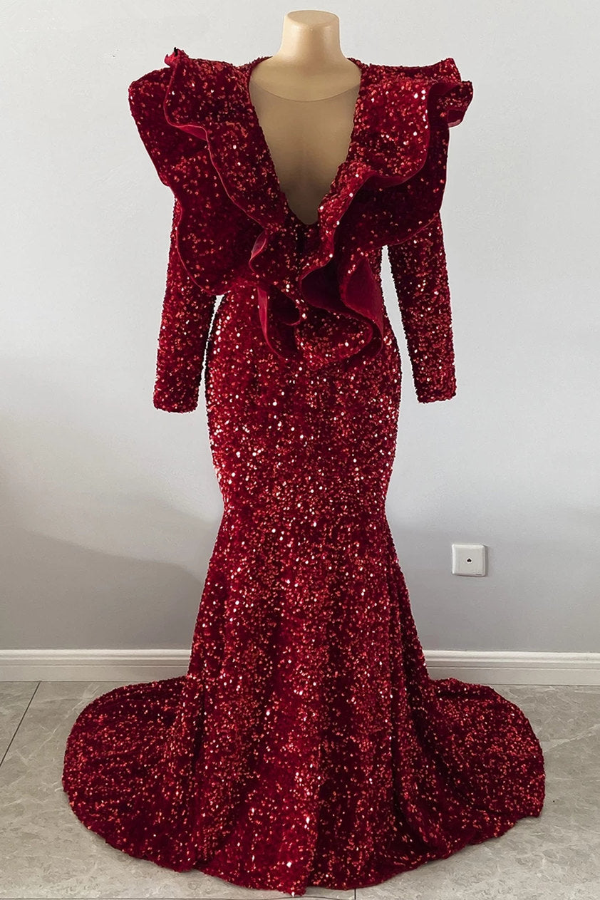 Burgundy Prom Dress Mermaid V-Neck With Ruffle - Fashionpara
