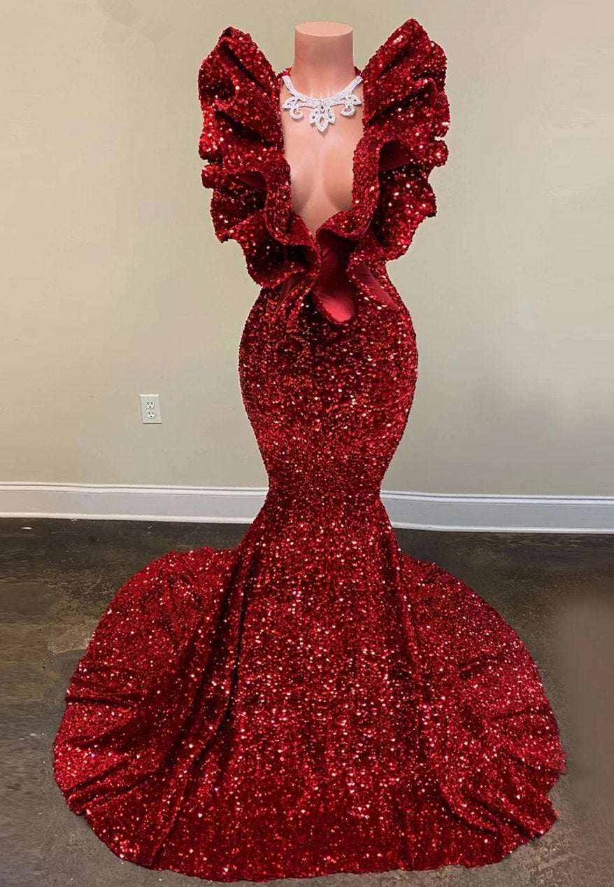 Burgundy Prom Dress Mermaid V-Neck With Ruffle - Fashionpara