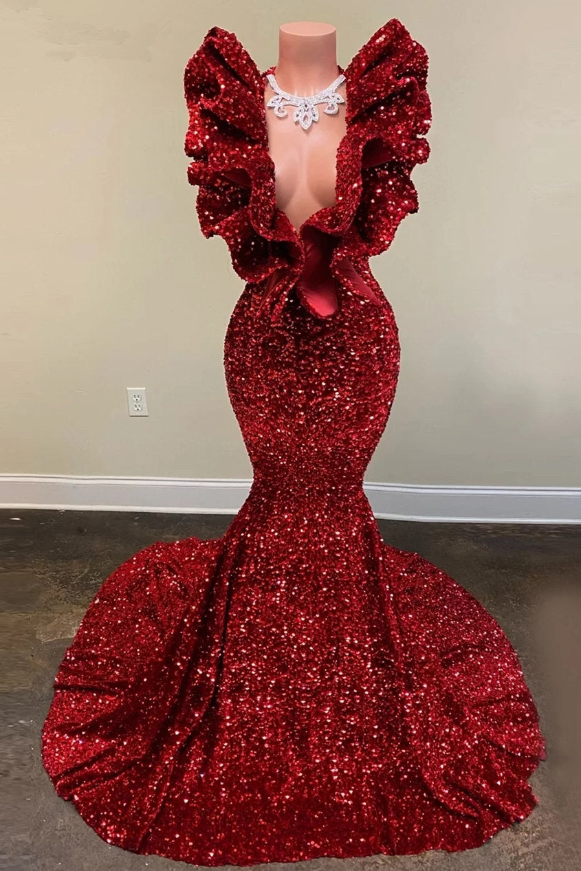 Burgundy Prom Dress Mermaid V-Neck With Ruffle - Fashionpara