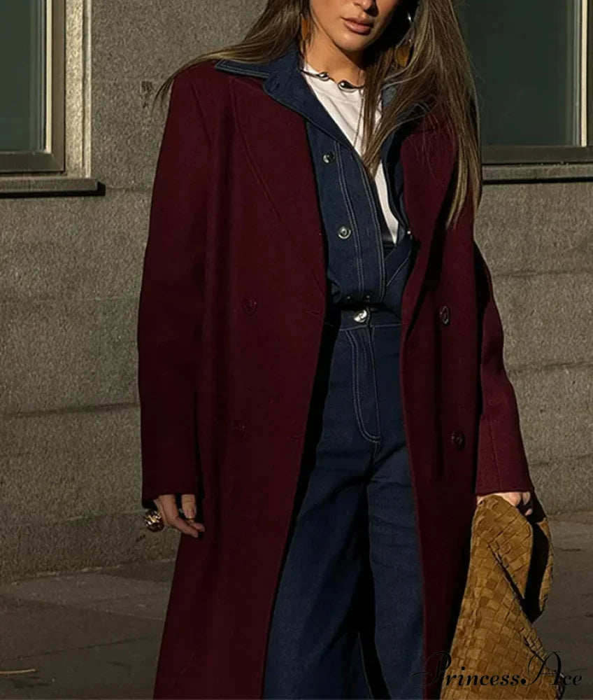 Burgundy Red Double Breasted Coat - Fashionpara