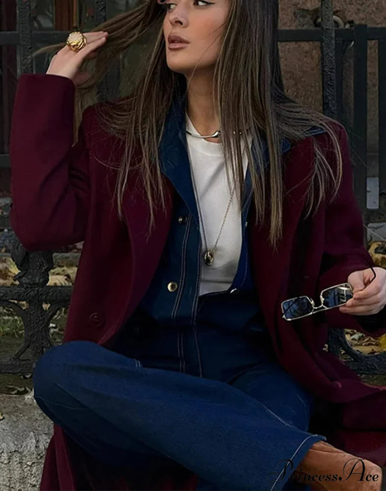 Burgundy Red Double Breasted Coat - Fashionpara