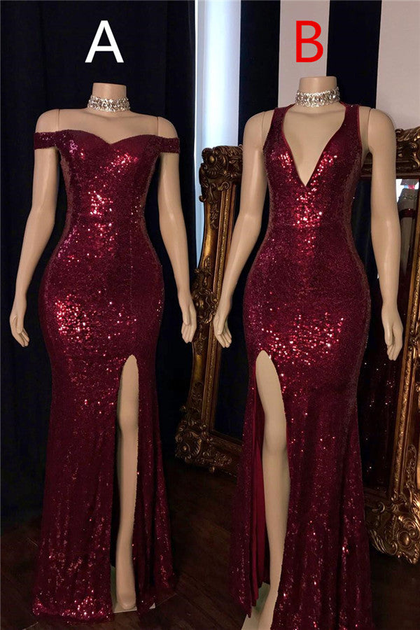 Burgundy Sequins Long Prom Dress Mermaid - Fashionpara