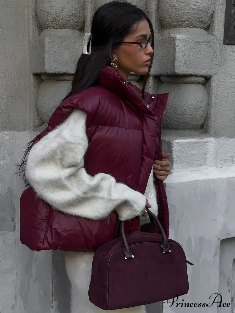 Burgundy Snap Buttons Stand Collar Vest Coat