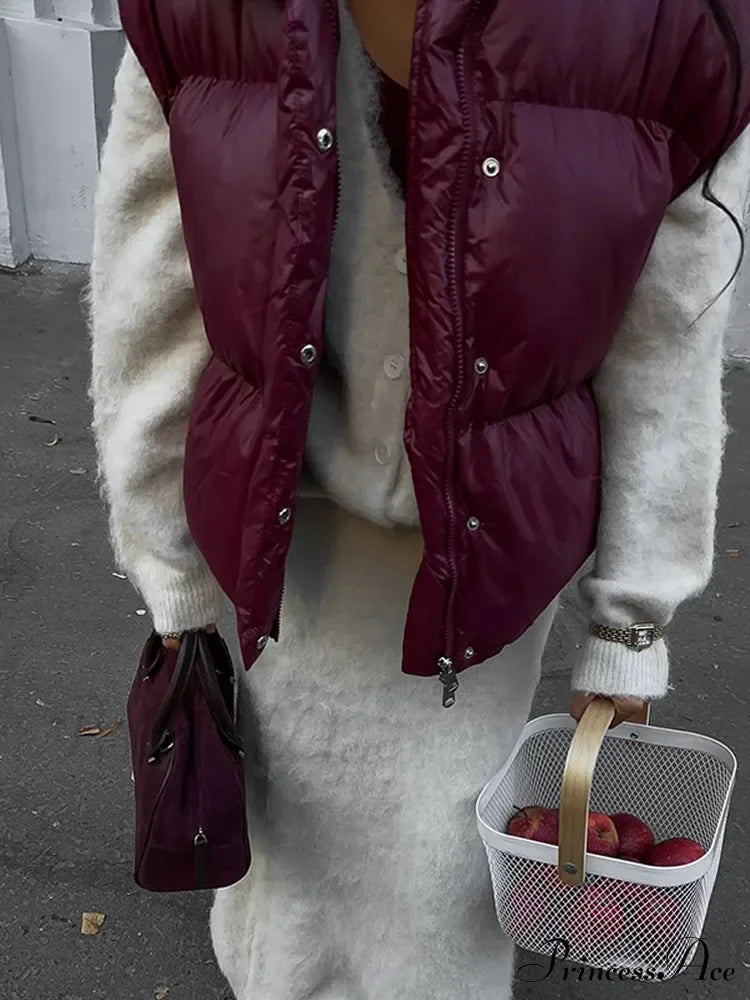 Burgundy Snap Buttons Stand Collar Vest Coat