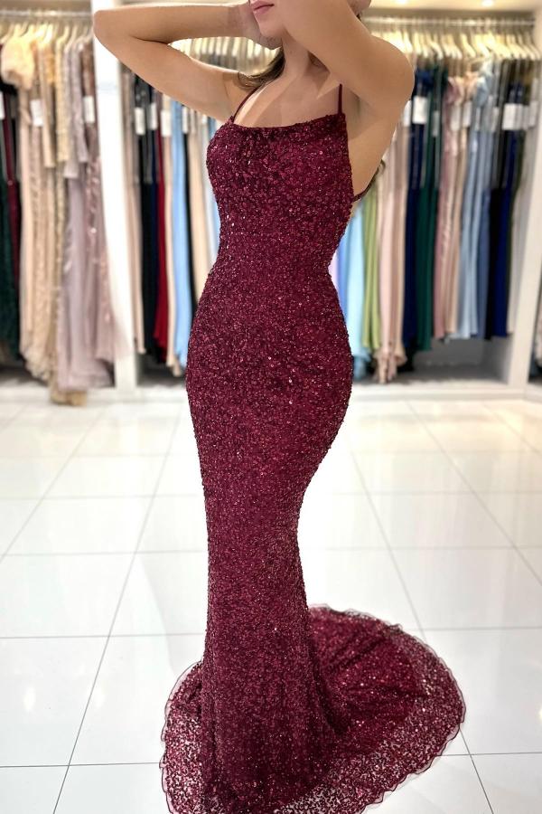 Burgundy Spaghetti-Straps Prom Dress Mermaid With Sequins Beaded - Fashionpara