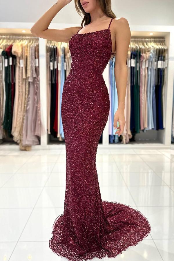 Burgundy Spaghetti-Straps Prom Dress Mermaid With Sequins Beaded - Fashionpara