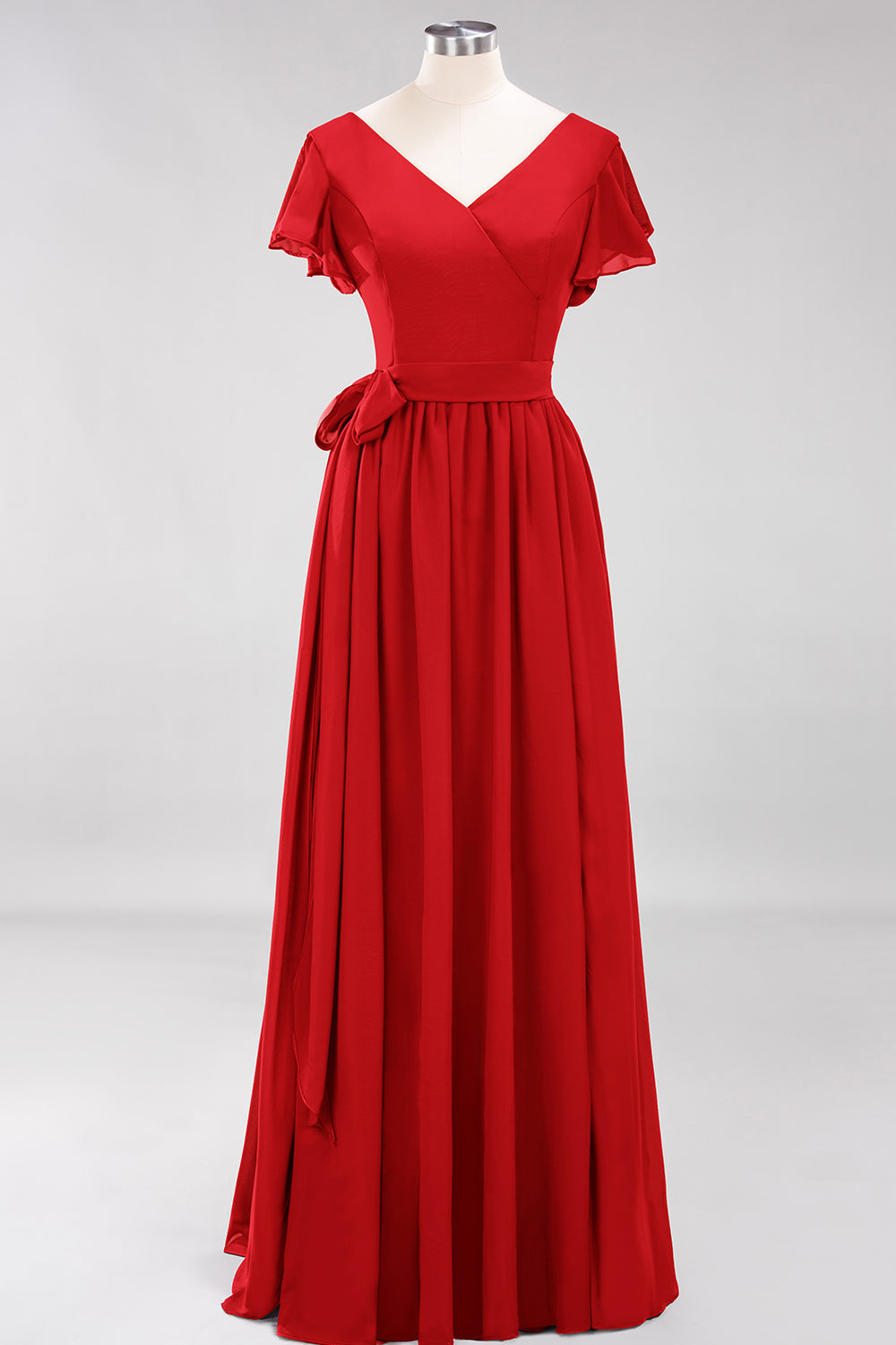 Burgundy V-Neck Long Bridesmaid Dresses With Short-Sleeves - Fashionpara