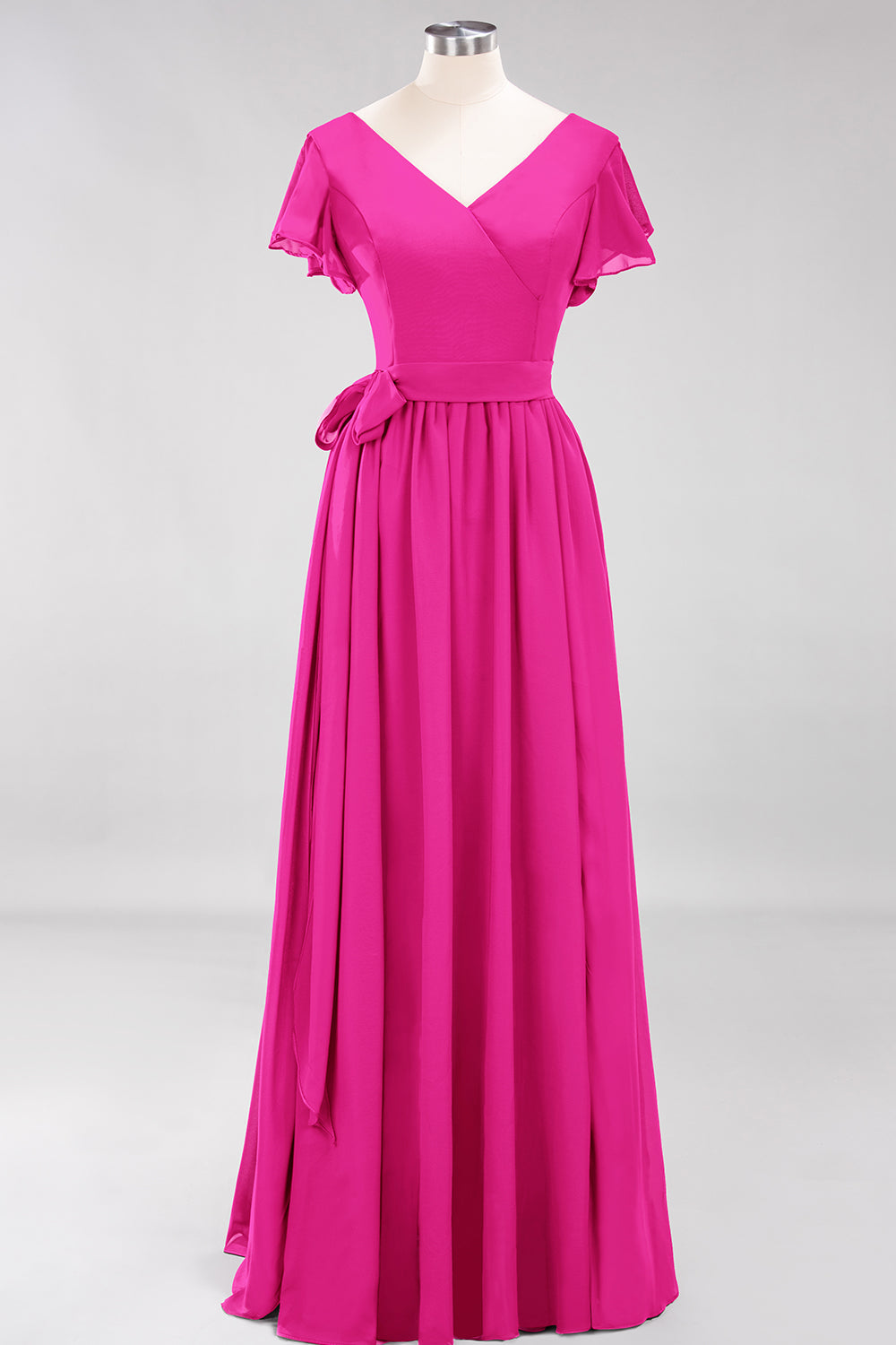 Burgundy V-Neck Long Bridesmaid Dresses With Short-Sleeves - Fashionpara