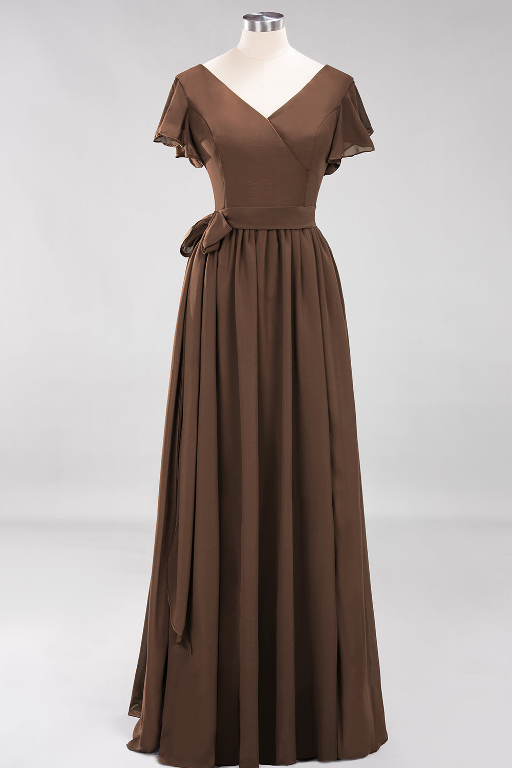Burgundy V-Neck Long Bridesmaid Dresses With Short-Sleeves - Fashionpara