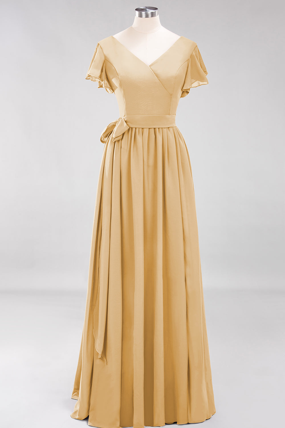 Burgundy V-Neck Long Bridesmaid Dresses With Short-Sleeves - Fashionpara