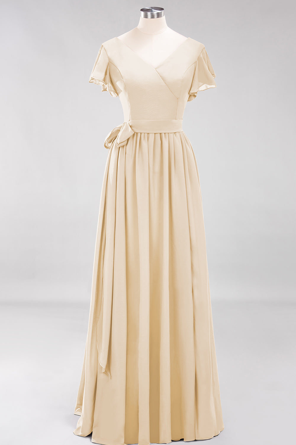 Burgundy V-Neck Long Bridesmaid Dresses With Short-Sleeves - Fashionpara
