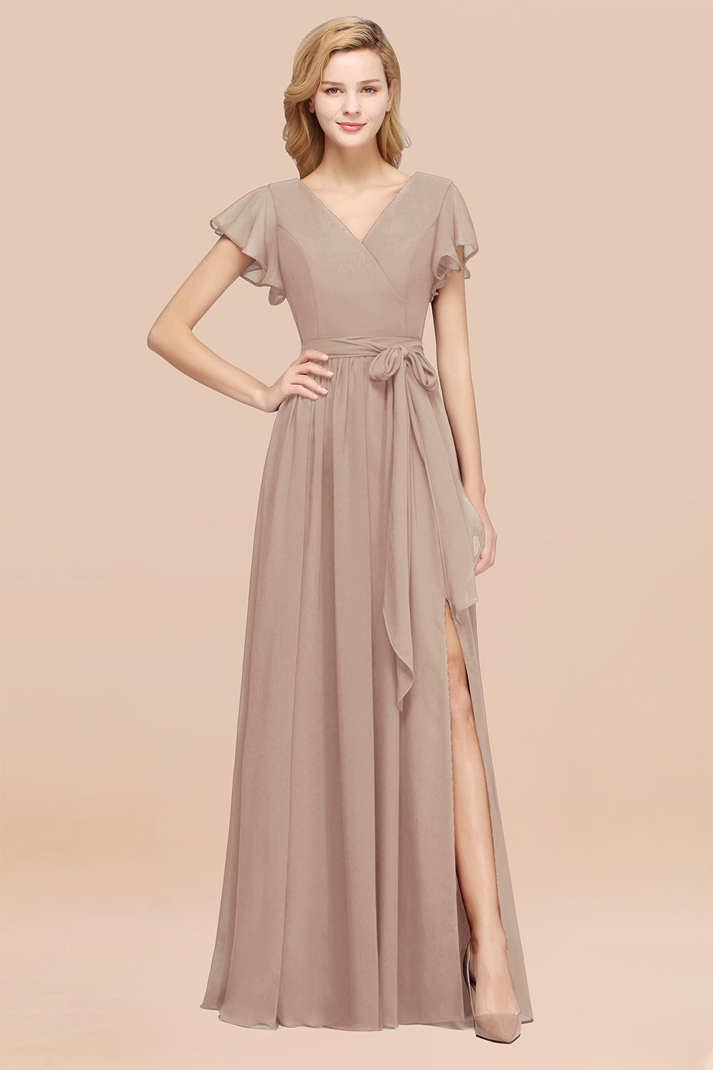 Burgundy V-Neck Long Bridesmaid Dresses With Short-Sleeves - Fashionpara