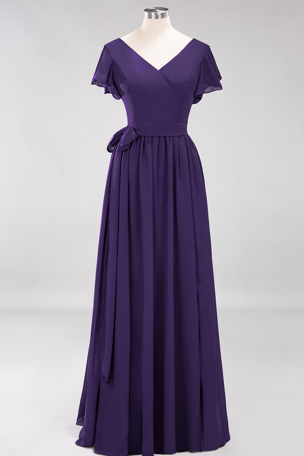 Burgundy V-Neck Long Bridesmaid Dresses With Short-Sleeves - Fashionpara