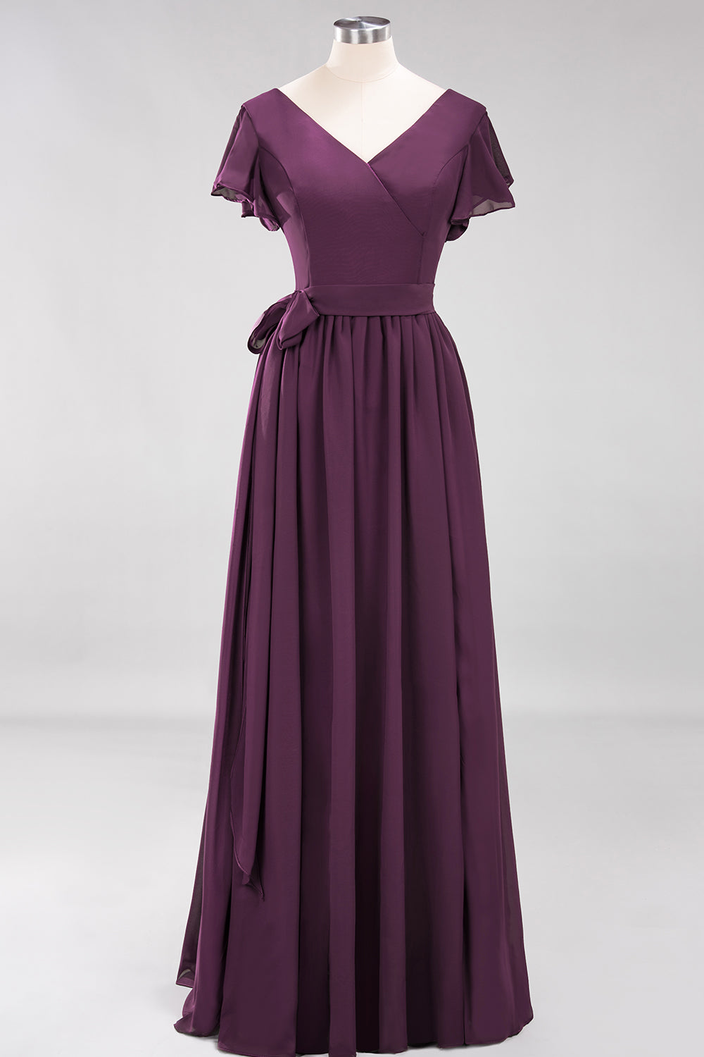 Burgundy V-Neck Long Bridesmaid Dresses With Short-Sleeves - Fashionpara