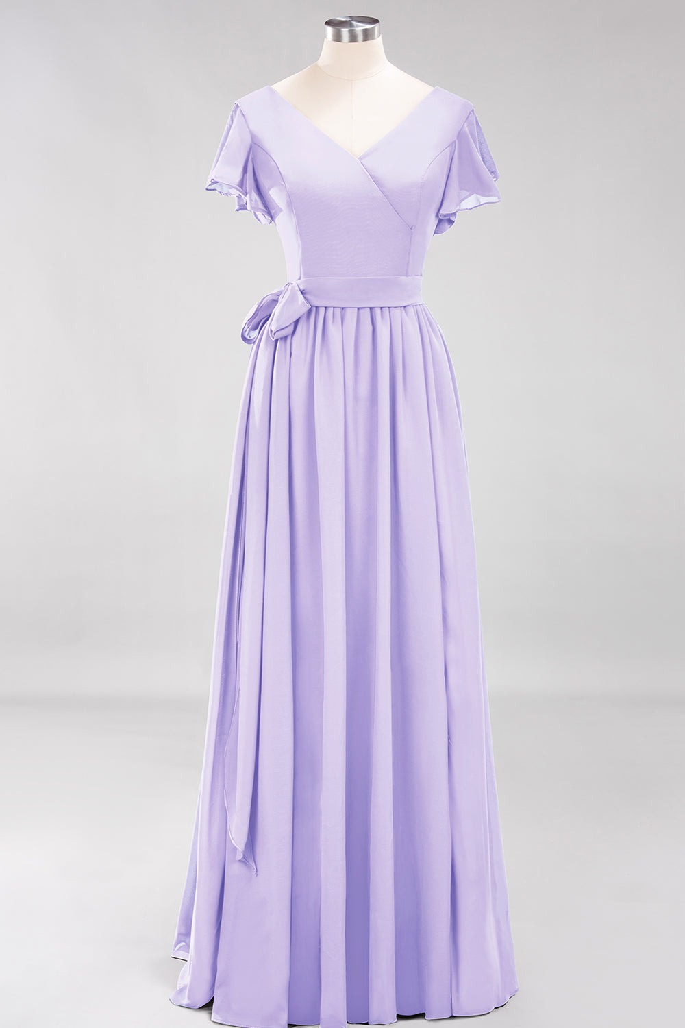 Burgundy V-Neck Long Bridesmaid Dresses With Short-Sleeves - Fashionpara