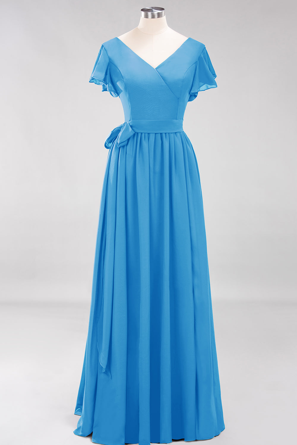 Burgundy V-Neck Long Bridesmaid Dresses With Short-Sleeves - Fashionpara