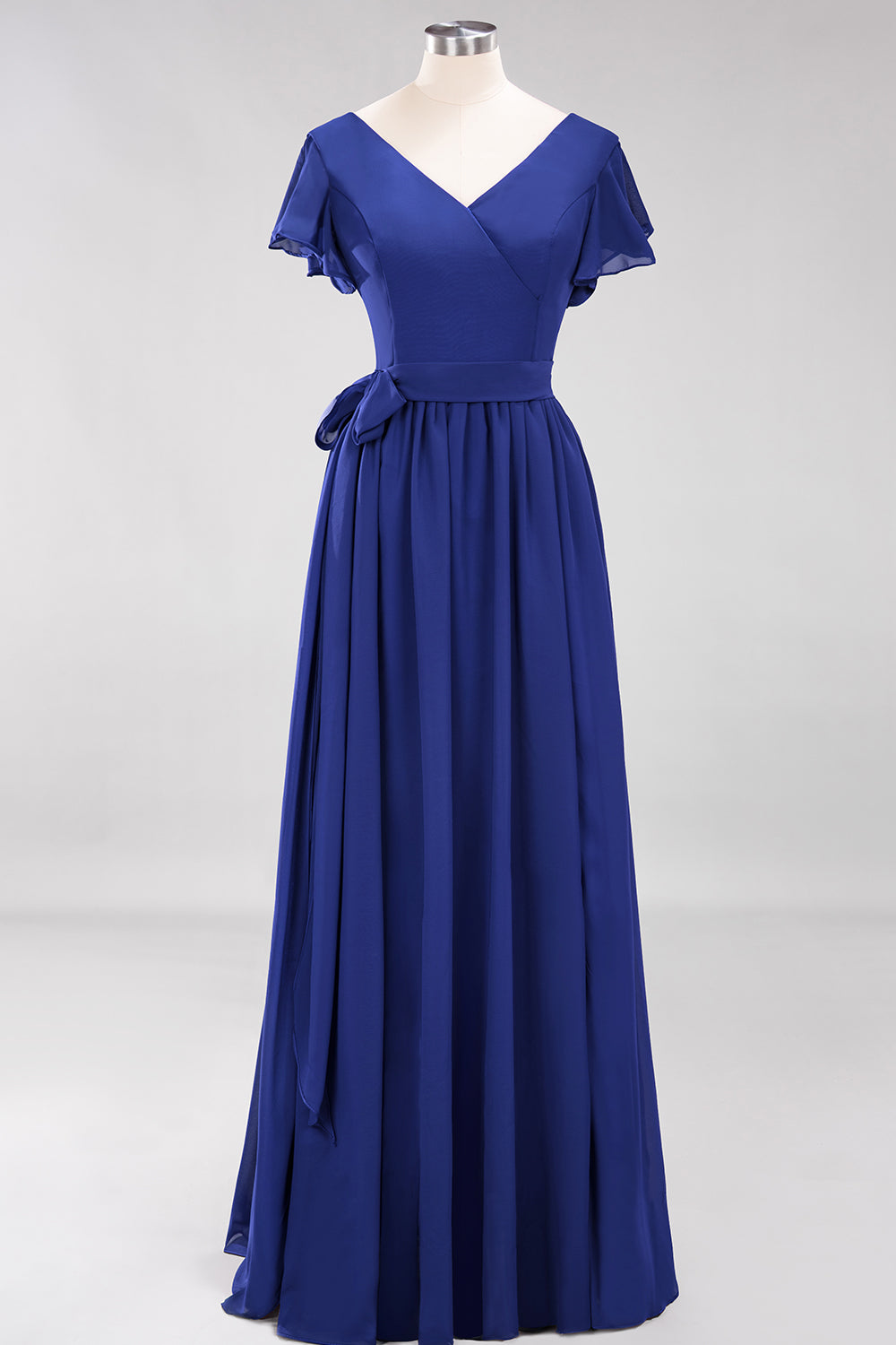 Burgundy V-Neck Long Bridesmaid Dresses With Short-Sleeves - Fashionpara