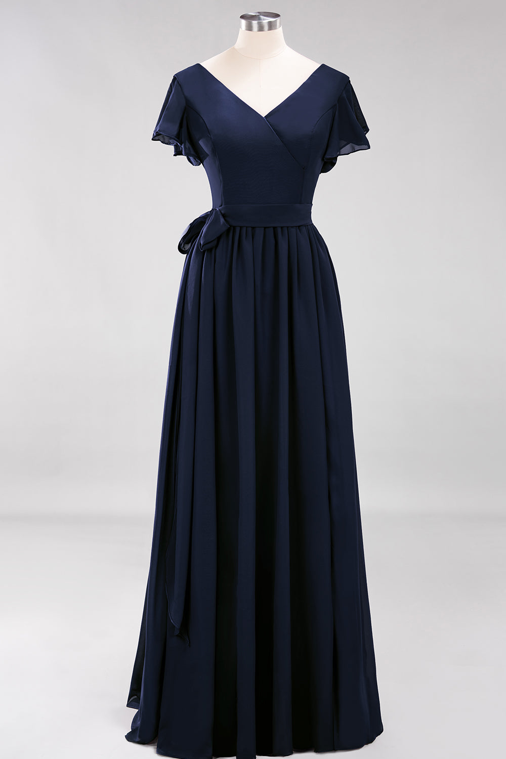 Burgundy V-Neck Long Bridesmaid Dresses With Short-Sleeves - Fashionpara
