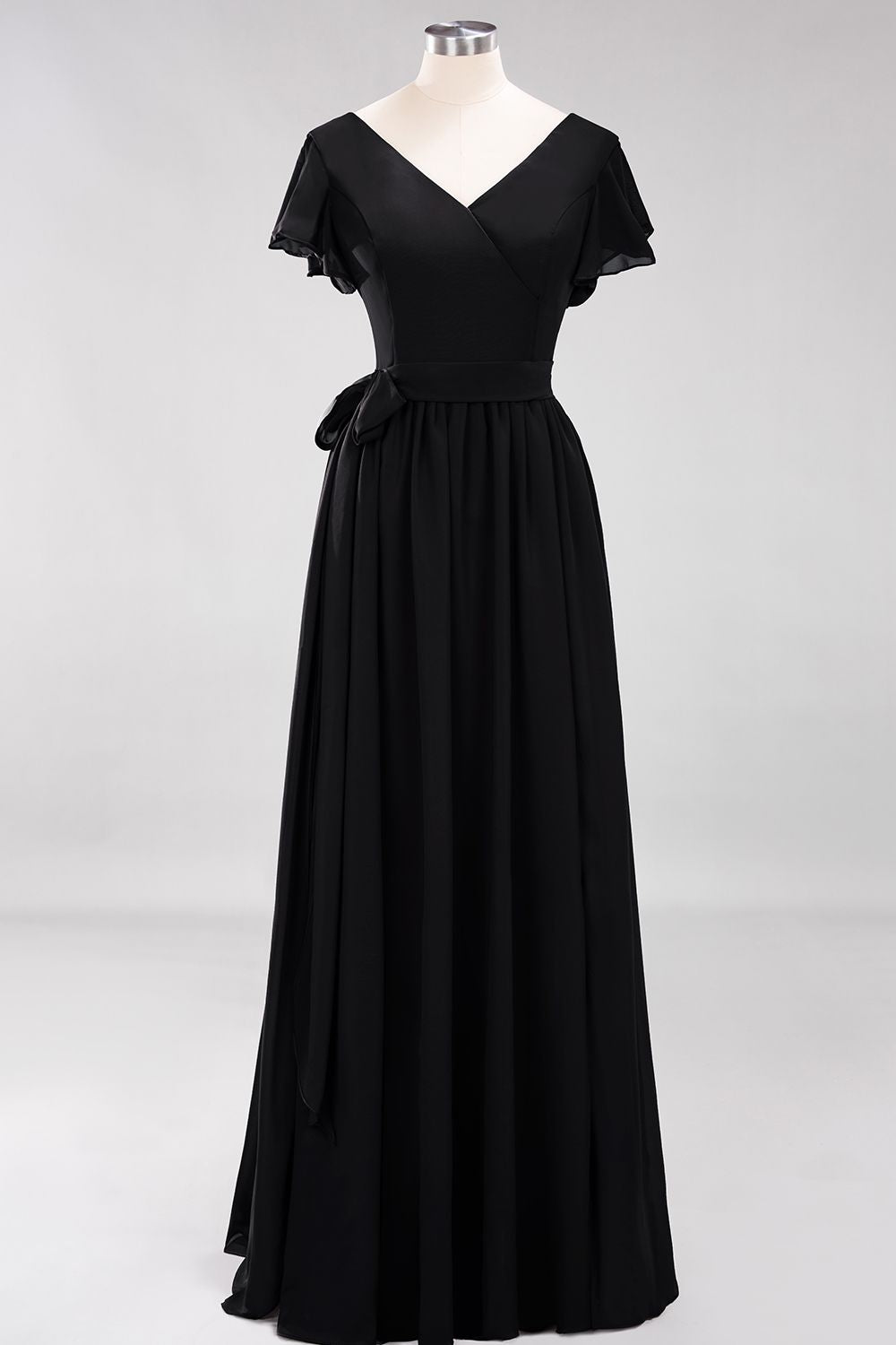 Burgundy V-Neck Long Bridesmaid Dresses With Short-Sleeves - Fashionpara