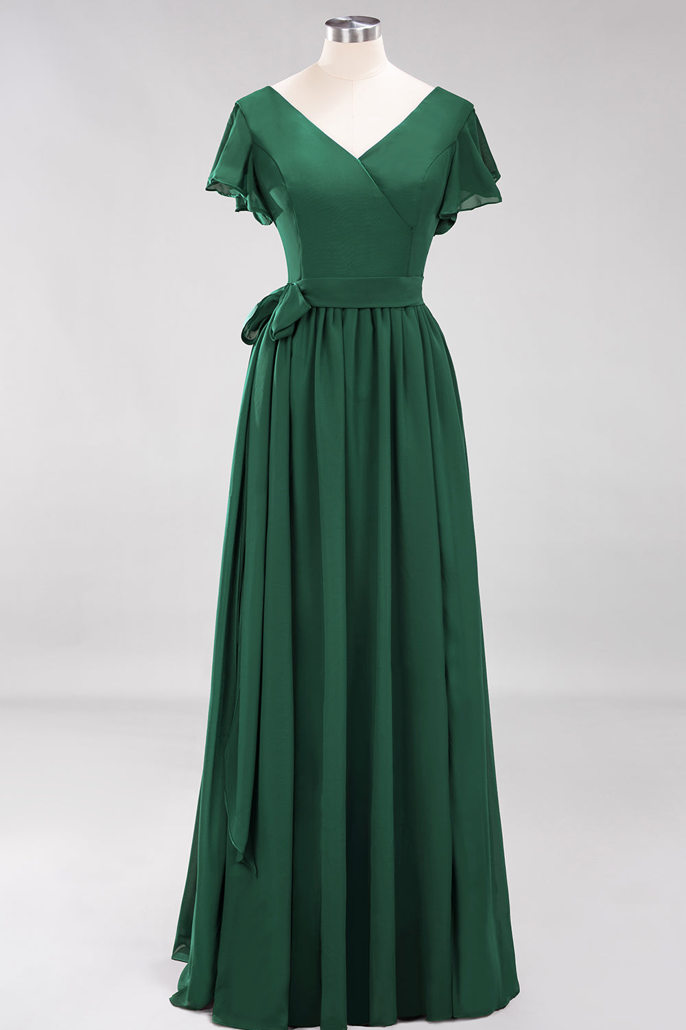 Burgundy V-Neck Long Bridesmaid Dresses With Short-Sleeves - Fashionpara