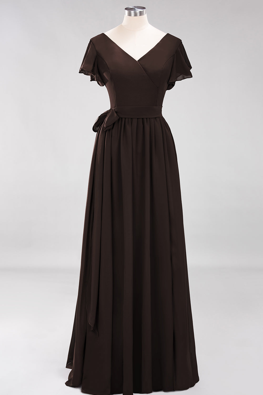 Burgundy V-Neck Long Bridesmaid Dresses With Short-Sleeves - Fashionpara