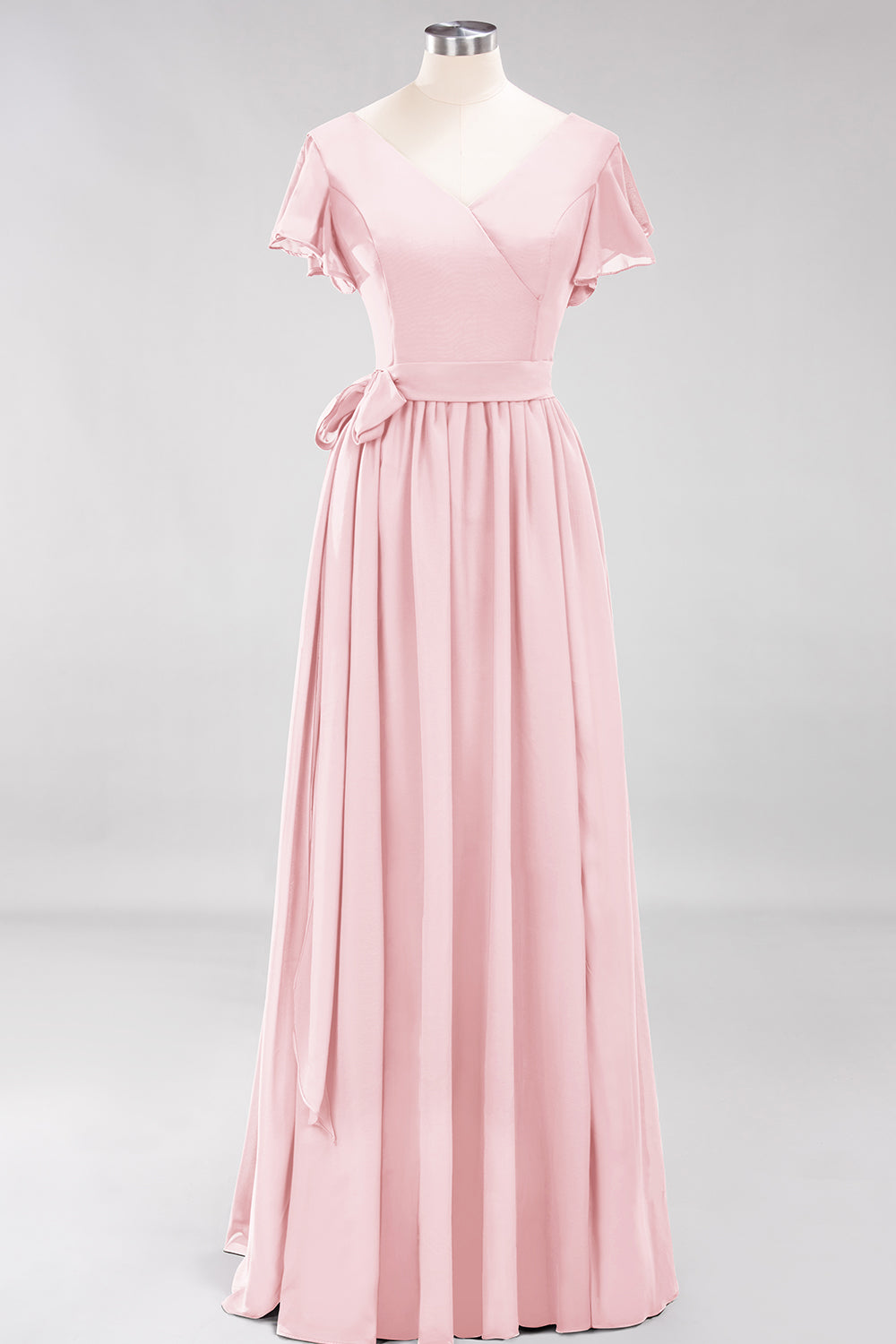 Burgundy V-Neck Long Bridesmaid Dresses With Short-Sleeves - Fashionpara