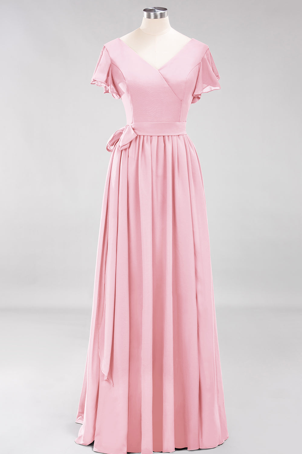 Burgundy V-Neck Long Bridesmaid Dresses With Short-Sleeves - Fashionpara