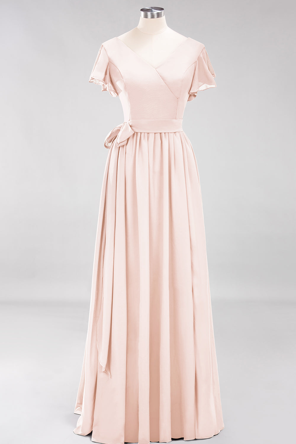 Burgundy V-Neck Long Bridesmaid Dresses With Short-Sleeves - Fashionpara