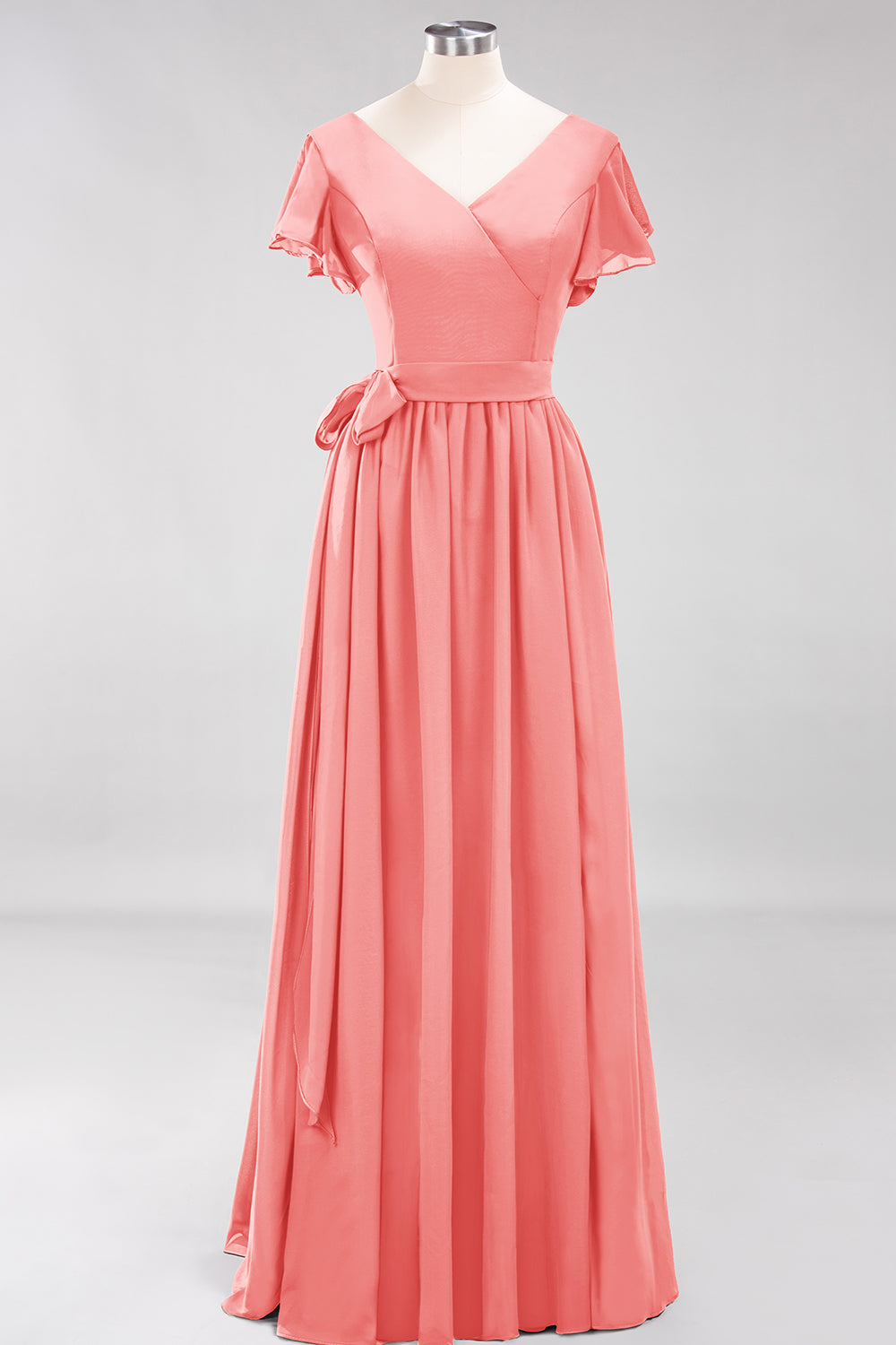 Burgundy V-Neck Long Bridesmaid Dresses With Short-Sleeves - Fashionpara